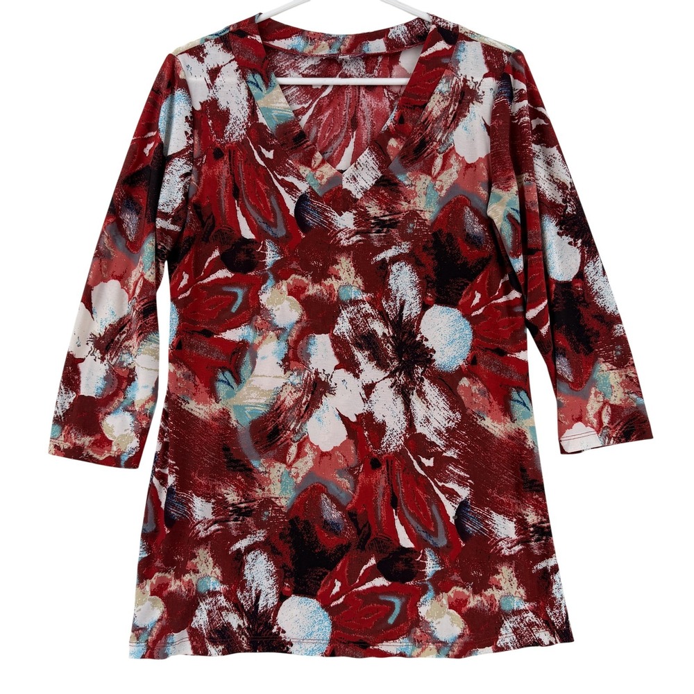 Iolani Shirt Womens Medium Red Floral‎ V Neck 3/4 Sleeve Tunic Top Stretch